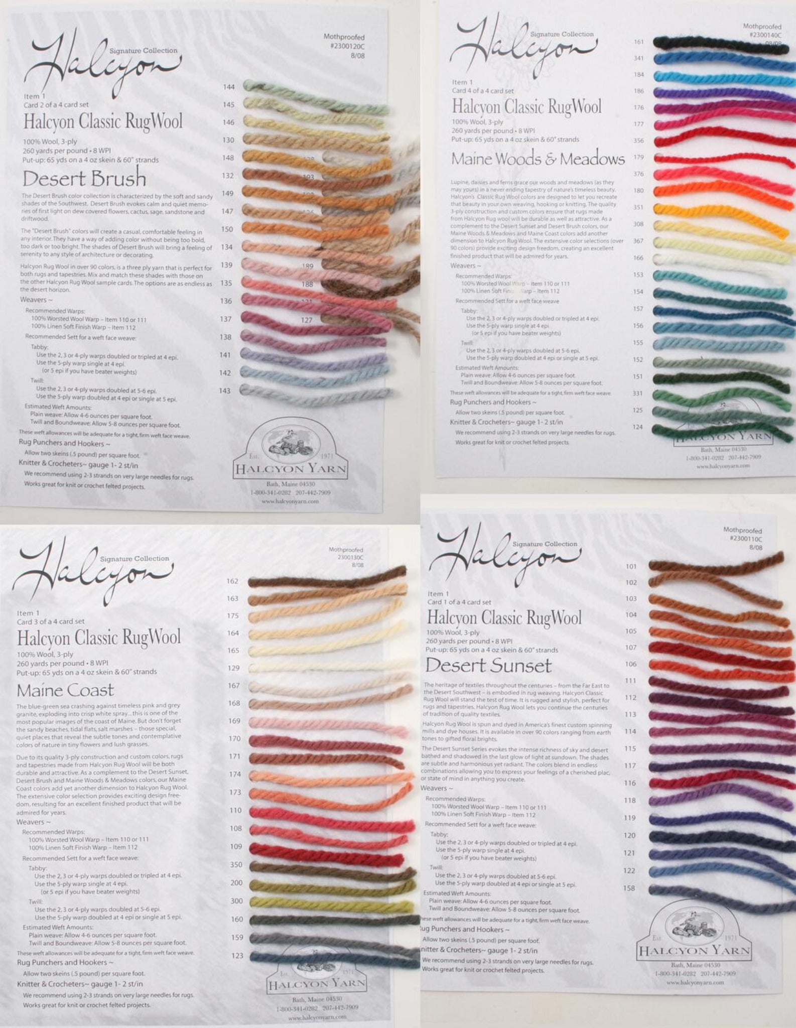 Explore a set of four Halcyon Yarn Classic Rug Wool Sample Cards, each displaying an array of colorfast wool shades along with their names. The cards are individually titled "Desert Brush," "Maine Coast," "Maine Woods & Meadows," and "Desert Sunset." They present a rich spectrum of hues, ideal for your rug wool projects.