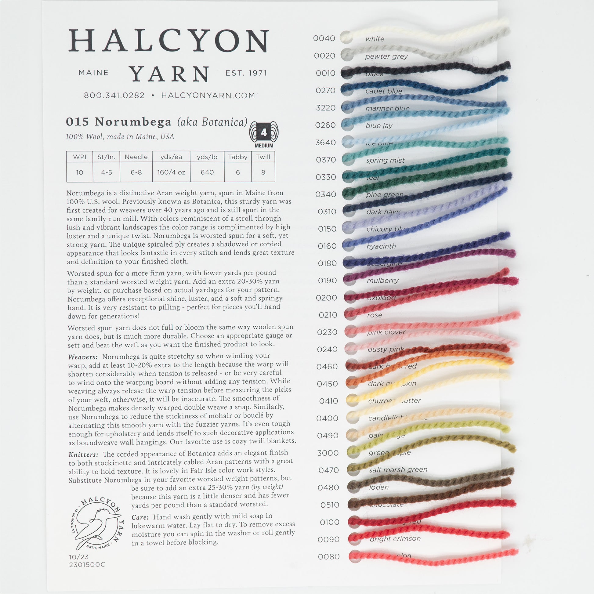 Introducing the Norumbega / Botanica Sample Card from Halcyon Yarn, featuring 21 vibrant colors of Halcyon's Signature Norumbega wool yarn. Each meticulously labeled with its name and code, this collection showcases stunning shades like white, ecru, emerald green, raspberry, and black.