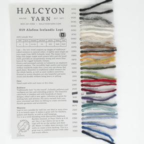 The Alafoss Icelandic Lopi Sample Card from Halcyon Yarn features 19 different yarn colors, each labeled with a corresponding number and name. The texture and appearance of the yarn varieties like Alafoss Lopi are clearly displayed. Additionally, there is a description highlighting the warm and durable characteristics of the fiber along with its recommended uses.