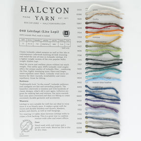 A color card for Halcyon Yarn, featuring the "Léttlopi Lopi Lite Sample Card," showcases 19 shades of Icelandic wool yarn. Each color, ranging from white to various hues of brown, yellow, green, blue, purple, and grey, has a corresponding sample and number. The description highlights its qualities and uses for knitting.