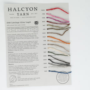 An image displays the Léttlopi Lopi Lite Sample Card from Halcyon Yarn, featuring 100% Icelandic wool. It includes item numbers and names for colors such as white, various shades of pink, blue, green, brown, and gray. Color samples are attached beside each name for reference, making it perfect for planning projects.