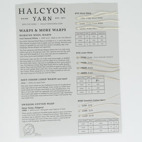 A Halcyon Yarn product information sheet titled "Warps & More Warps Sample Card - Wool and Linen Rug and Tapestry Warps" displays various types of yarn: #115 Natural White Worsted Wool Warp, #112 Smooth Finish Linen Warp, #040 Linen Warp, and #080 Swedish Cotton Warp. Color samples of each yarn are attached next to their respective descriptions.