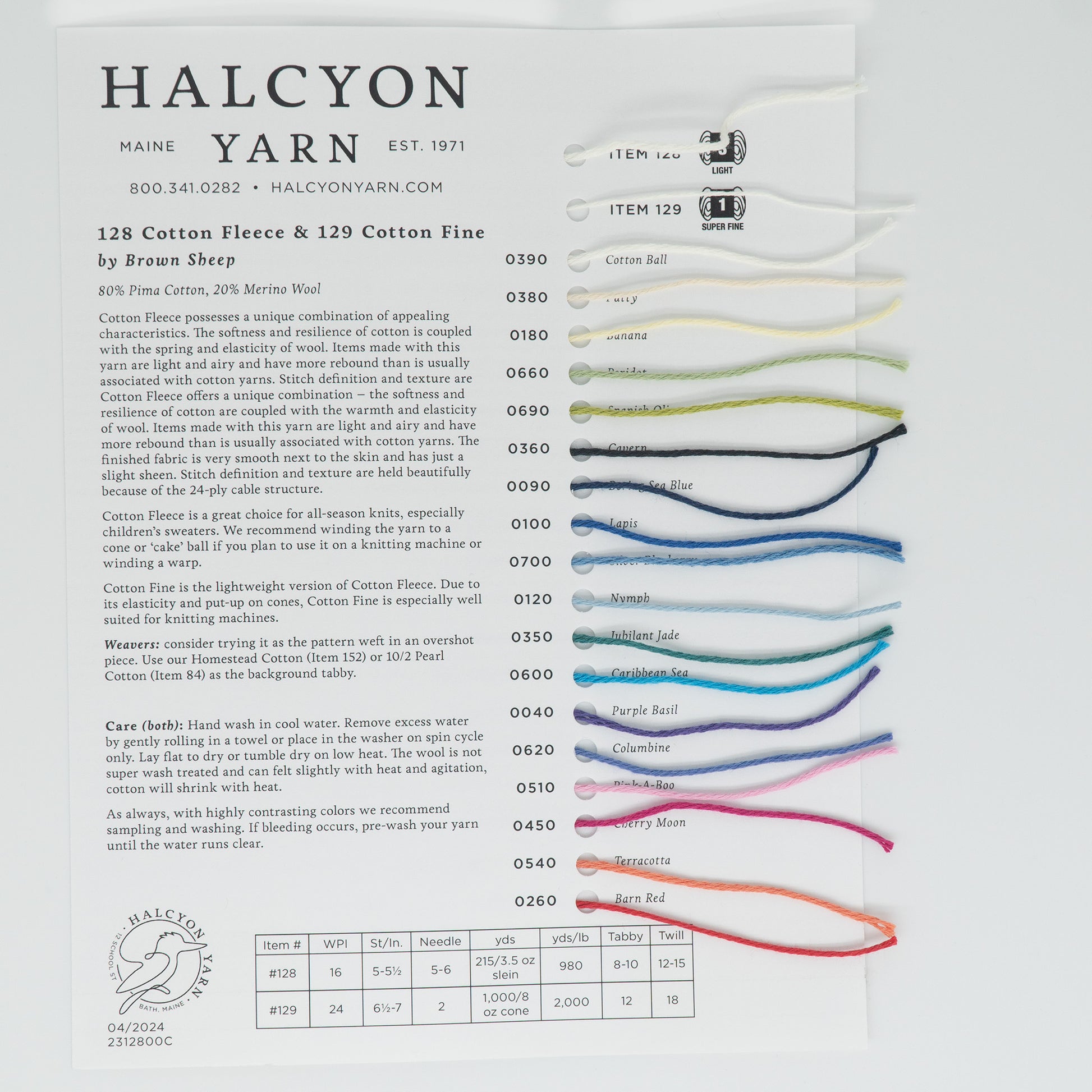 Image shows a Halcyon Yarn Brown Sheep Cotton Fleece Sample Card with attached yarn samples, each in a different color. The card provides details about the 128 Cotton Fleece and 129 Cotton Fine yarns, both cotton blends perfect for warm weather projects. It includes their composition, care instructions, and a color number chart.