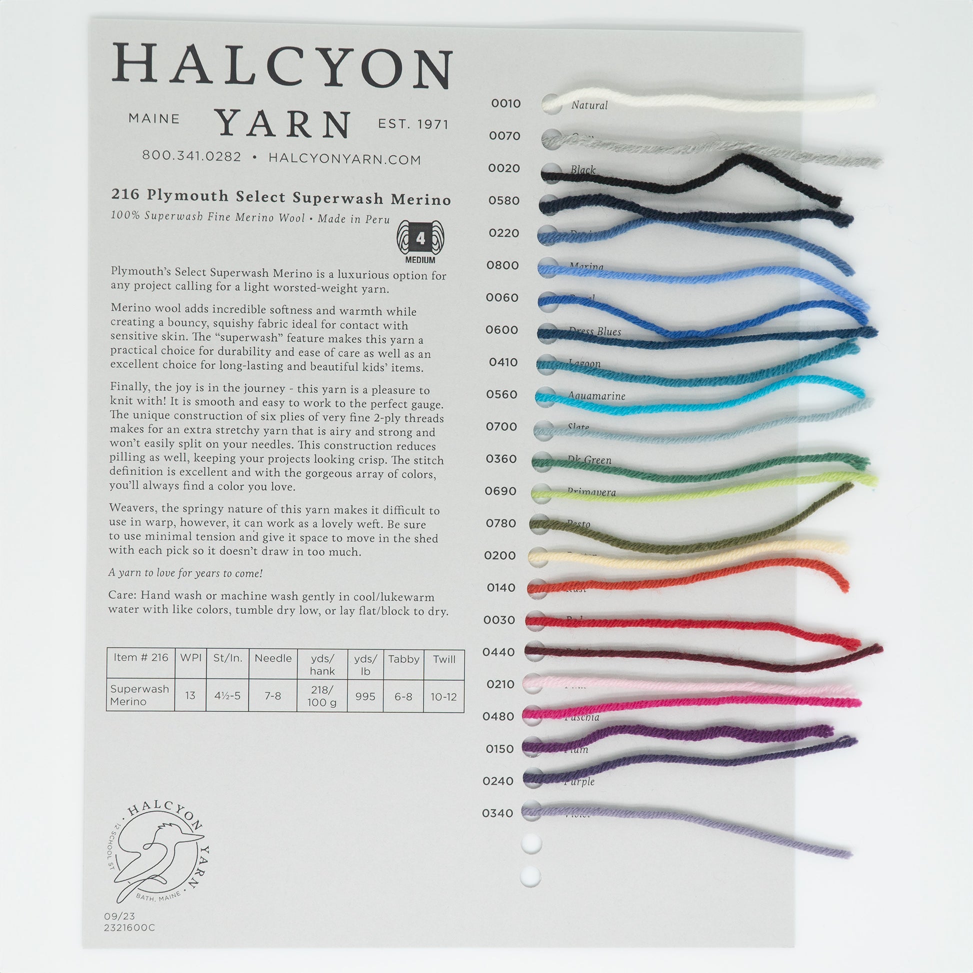 An image of the Halcyon Yarn Plymouth Select Superwash Merino Sample Card displays 18 distinct yarn colors, each identified by its unique code. The card also provides details on fiber content, gauge, needle size, and care instructions—perfect for crafting children's garments using 100% Merino Superwash wool.