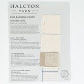 The Rug Backing Sample Card from Halcyon Yarn features four types of rug backings: Cotton Monk's Cloth (top), Cotton Warp Cloth (second), Linen Rug Backing (third), and Latch/Locker Hook Canvas (bottom). Detailed descriptions and samples are provided next to each swatch.