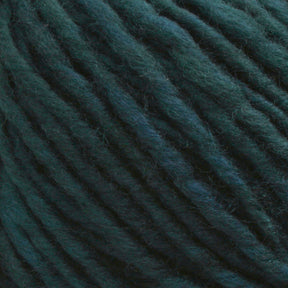 Close-up image of a skein of dark green Malabrigo Merino Worsted Wool Yarn from Malabrigo Yarn, highlighting the texture and individual strands of fiber. The kettle-dyed yarn has a slightly fuzzy appearance, with variations in the green shade that create depth and interest, showcasing its worsted weight gauge.