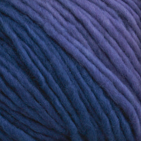 A close-up view of Malabrigo Yarn's thick, soft Merino Worsted Wool Yarn in varying shades of blue, ranging from deep navy to lighter indigo. The kettle-dyed yarn is densely coiled, showcasing its fluffy texture and slight fuzziness.