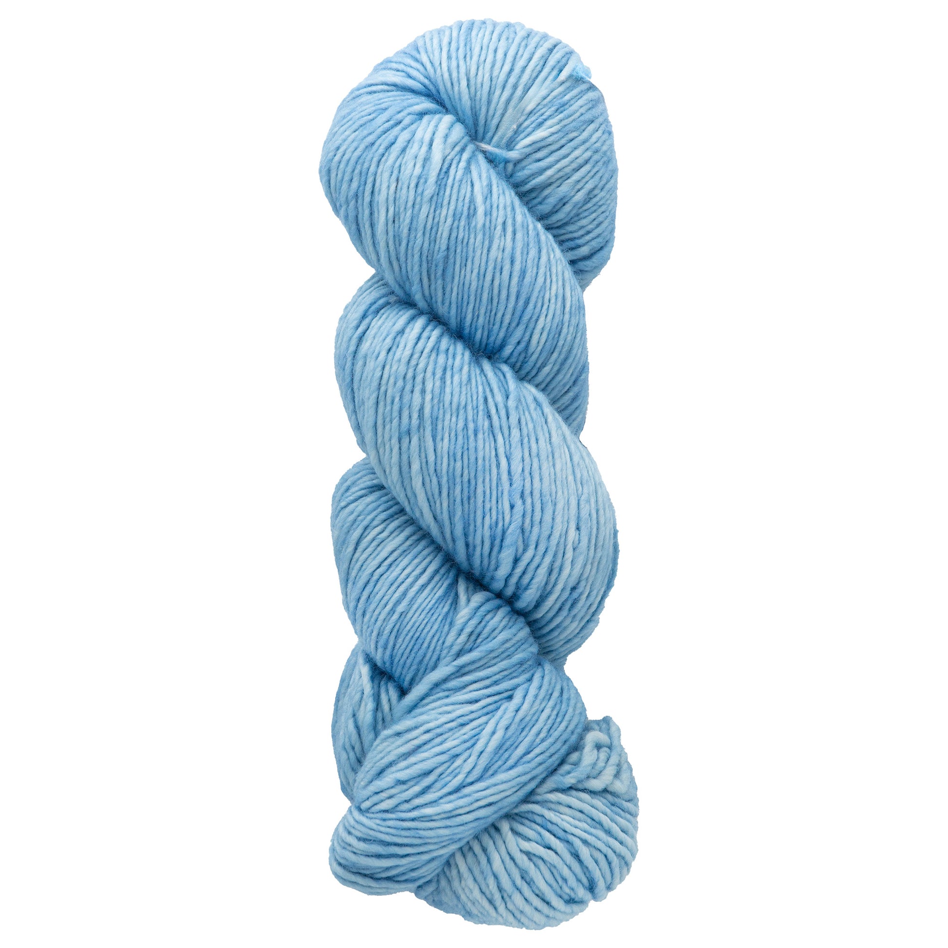 The Malabrigo Merino Worsted Wool Yarn from Malabrigo Yarn is a skein of light blue, expertly twisted to highlight its soft texture and consistent coloration. Its smooth, kettle-dyed finish makes it perfect for knitting or crocheting projects, while the worsted weight gauge offers versatility for different patterns.