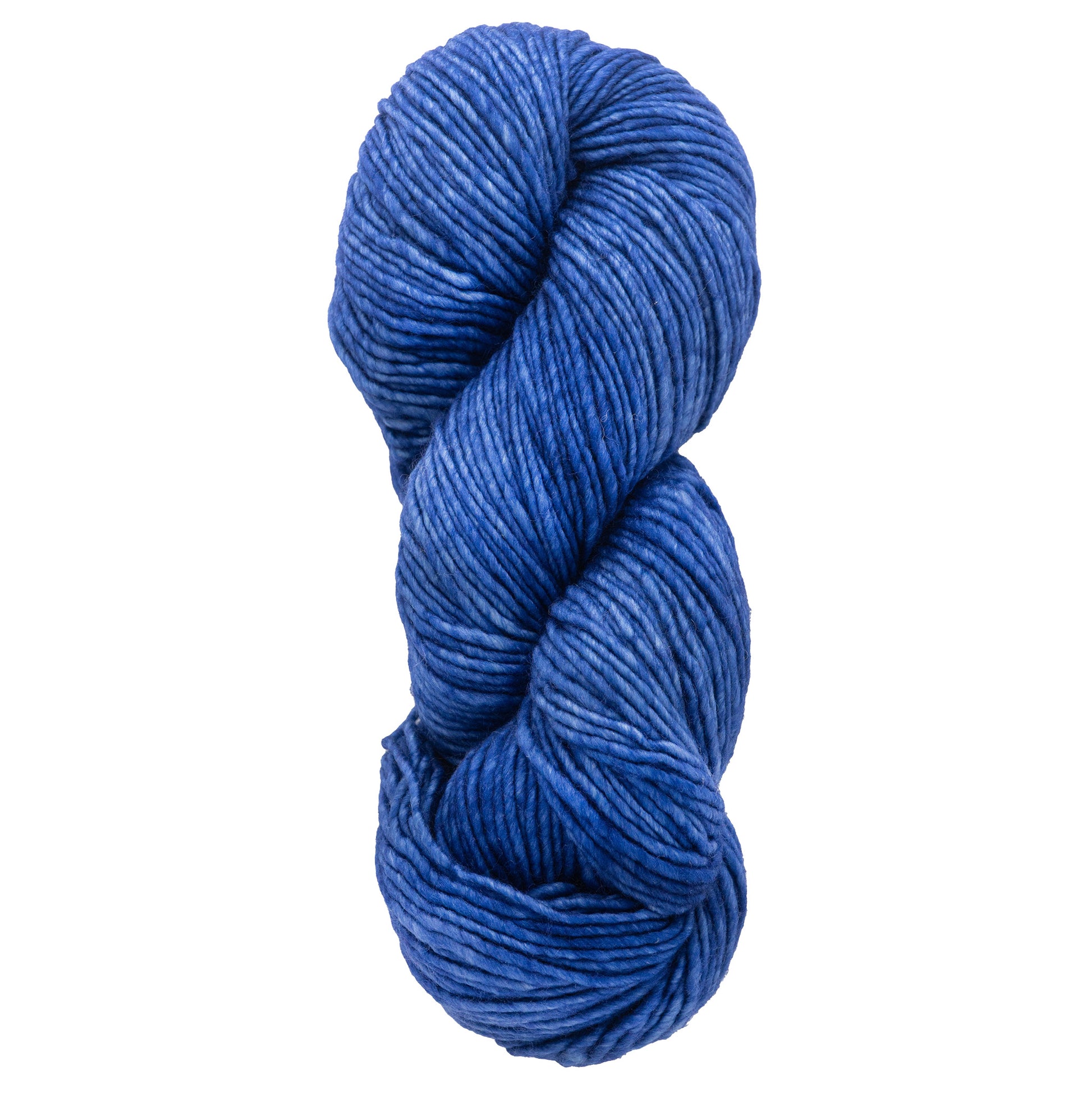 A skein of Malabrigo Merino Worsted Wool Yarn, in a deep blue kettle-dyed color, is twisted into an oval shape. This soft, slightly glossy yarn from Malabrigo Yarn is ideal for knitting or crocheting projects and comes in a versatile worsted weight.