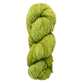 A skein of Malabrigo Merino Worsted Wool Yarn by Malabrigo Yarn twisted into a neat bundle, showcasing its soft texture and vibrant bright green color.