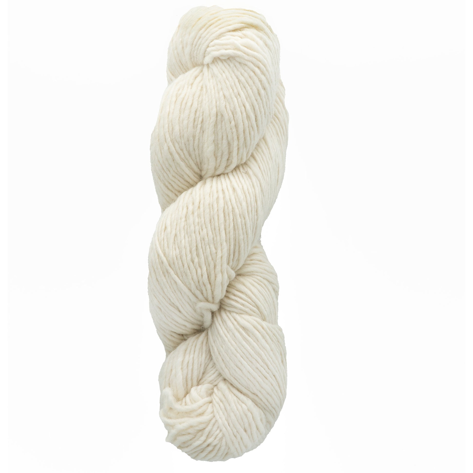 A skein of Malabrigo Merino Worsted Wool Yarn by Malabrigo Yarn in off-white, neatly twisted, is positioned vertically against a plain white background.