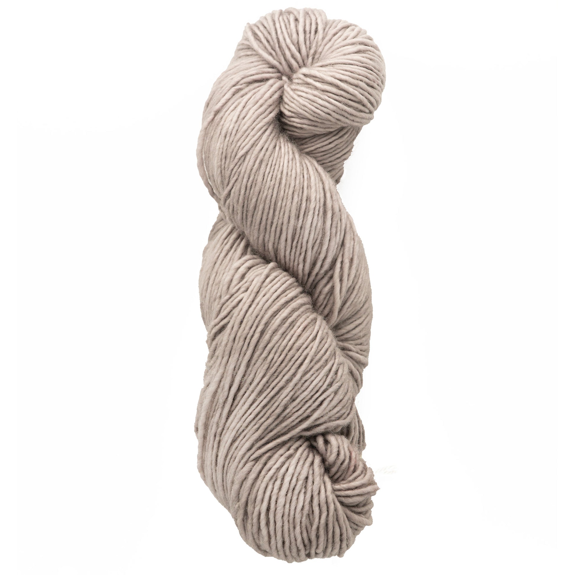 A single skein of Malabrigo Merino Worsted Wool Yarn from Malabrigo Yarn, in a light taupe color, neatly twisted into a loop against a plain white background. The yarn has a soft and slightly textured appearance, making it ideal for knitting or crocheting projects.