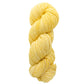 A neatly twisted skein of vibrant yellow Malabrigo Merino Worsted Wool Yarn is arranged vertically against a plain white background. This yarn from Malabrigo Yarn is celebrated for its soft, slightly chunky texture and is skillfully kettle-dyed in rich hues that emphasize the luxurious quality of merino wool.