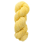 A neatly twisted skein of vibrant yellow Malabrigo Merino Worsted Wool Yarn is arranged vertically against a plain white background. This yarn from Malabrigo Yarn is celebrated for its soft, slightly chunky texture and is skillfully kettle-dyed in rich hues that emphasize the luxurious quality of merino wool.