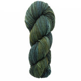 A neatly twisted skein of Malabrigo Merino Worsted Wool Yarn from Malabrigo Yarn features a blend of multicolored green hues, ranging from dark to light shades, and offers a soft, textured appearance.