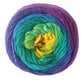 Cumulus Cotton by Juniper Moon Farm, from Knitting Fever / Euro Yarns, is a soft cotton yarn with vibrant layers of purple, blue, green, and yellow. The expertly rolled design highlights the smooth gradient transition between colors for an eye-catching pattern.