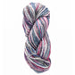 A skein of Cumulus Cotton by Juniper Moon Farm, under the Knitting Fever / Euro Yarns brand, is a durable coil of soft, multicolored yarn featuring shades of pink, blue, and gray.