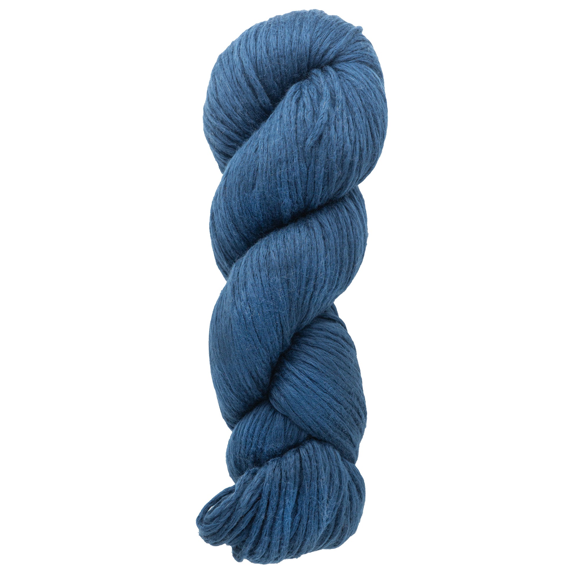 A skein of Cumulus Cotton by Juniper Moon Farm from Knitting Fever / Euro Yarns, featuring soft, blue cotton yarn, is neatly twisted into a coil against a white background.