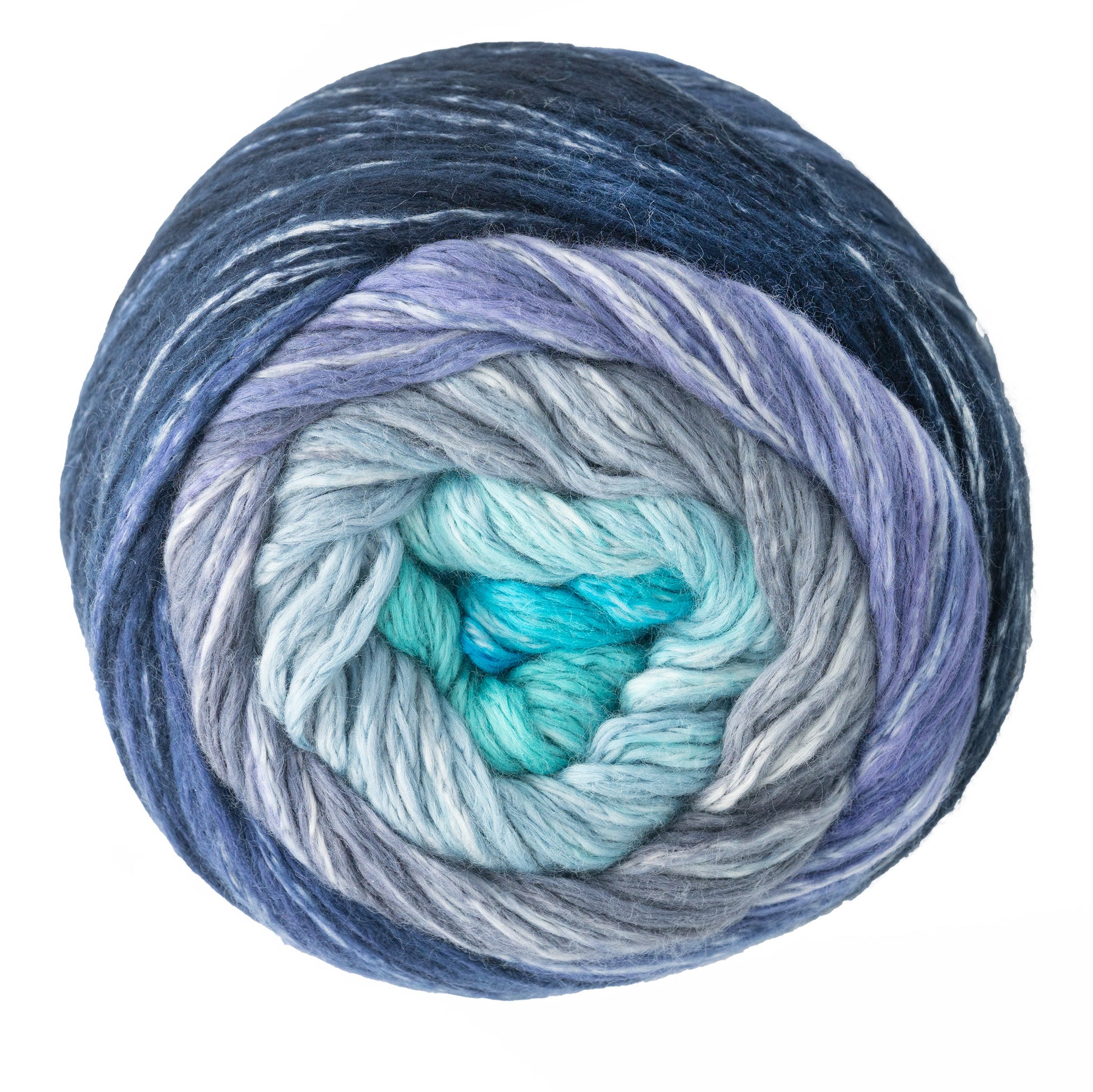 The Cumulus Cotton by Juniper Moon Farm from Knitting Fever / Euro Yarns is a skein of soft, durable cotton yarn featuring colors transitioning from dark blue to light blue, turquoise, and lavender, wound in a spiral pattern.