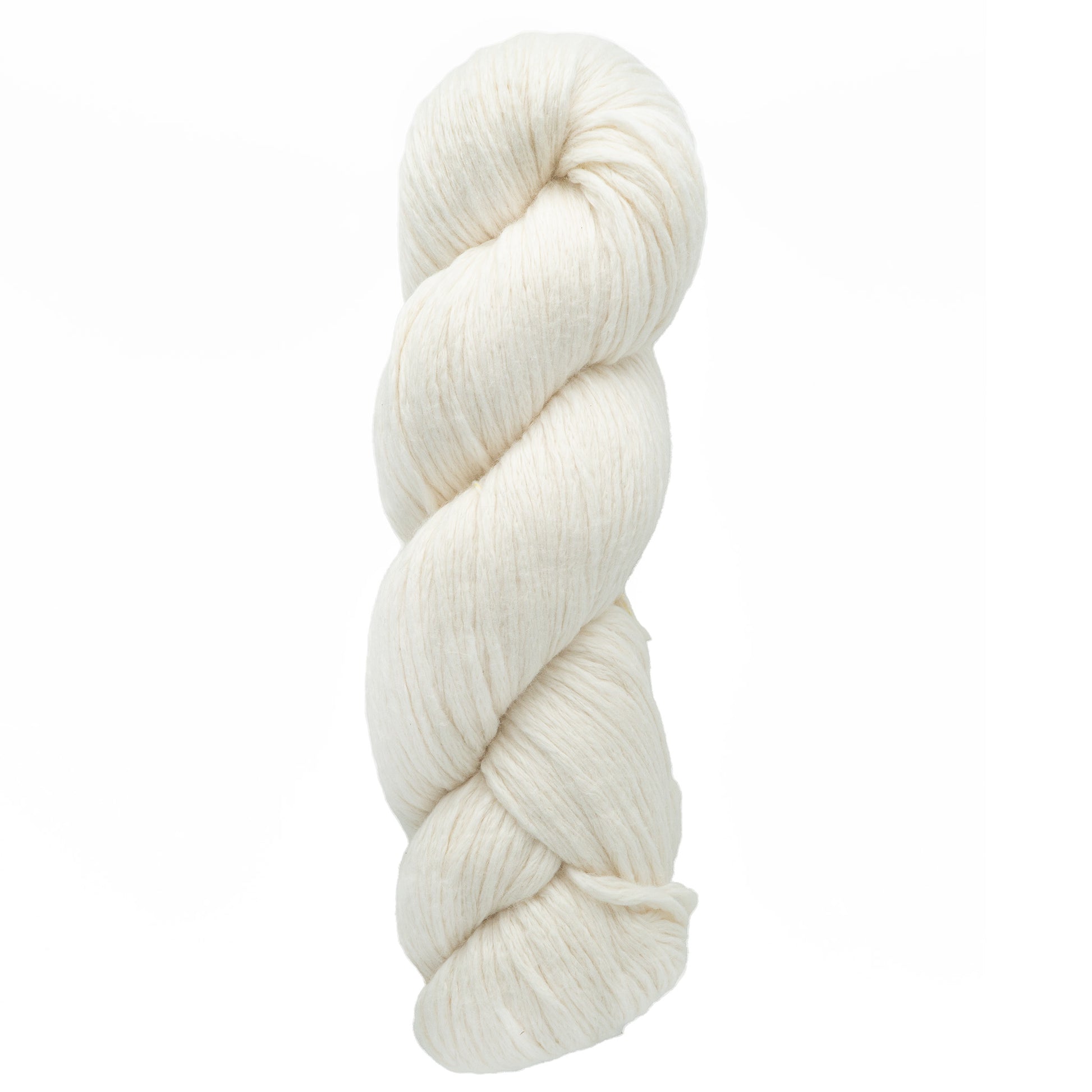 A skein of Cumulus Cotton, a durable off-white yarn from Juniper Moon Farm by Knitting Fever / Euro Yarns, is neatly twisted and photographed against a plain white background.