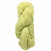 A neatly coiled large skein of Cumulus Cotton by Juniper Moon Farm, a thick, soft light green cotton yarn from Knitting Fever / Euro Yarns, is displayed on a plain white background. Its even texture suits knitting or crochet projects and is highly durable.