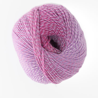 The Painted Sky Wool by Knitting Fever, a ball of yarn featuring a gradient of colors from light purple to pink, is washable and made from Australian wool. This tightly wound yarn with its soft texture is perfect for knitting or crocheting projects. The plain white background beautifully accentuates the vibrant color changes in the gradient.