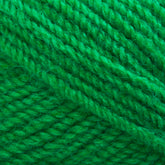 Close-up image of Plymouth Encore Worsted Yarn by Plymouth Yarn Co., showcasing its bright green color, detailed texture, and twisted strands. The vibrant hue and intricate pattern create a rich, tactile appearance. This machine washable yarn is an economical option for all your crafting needs.