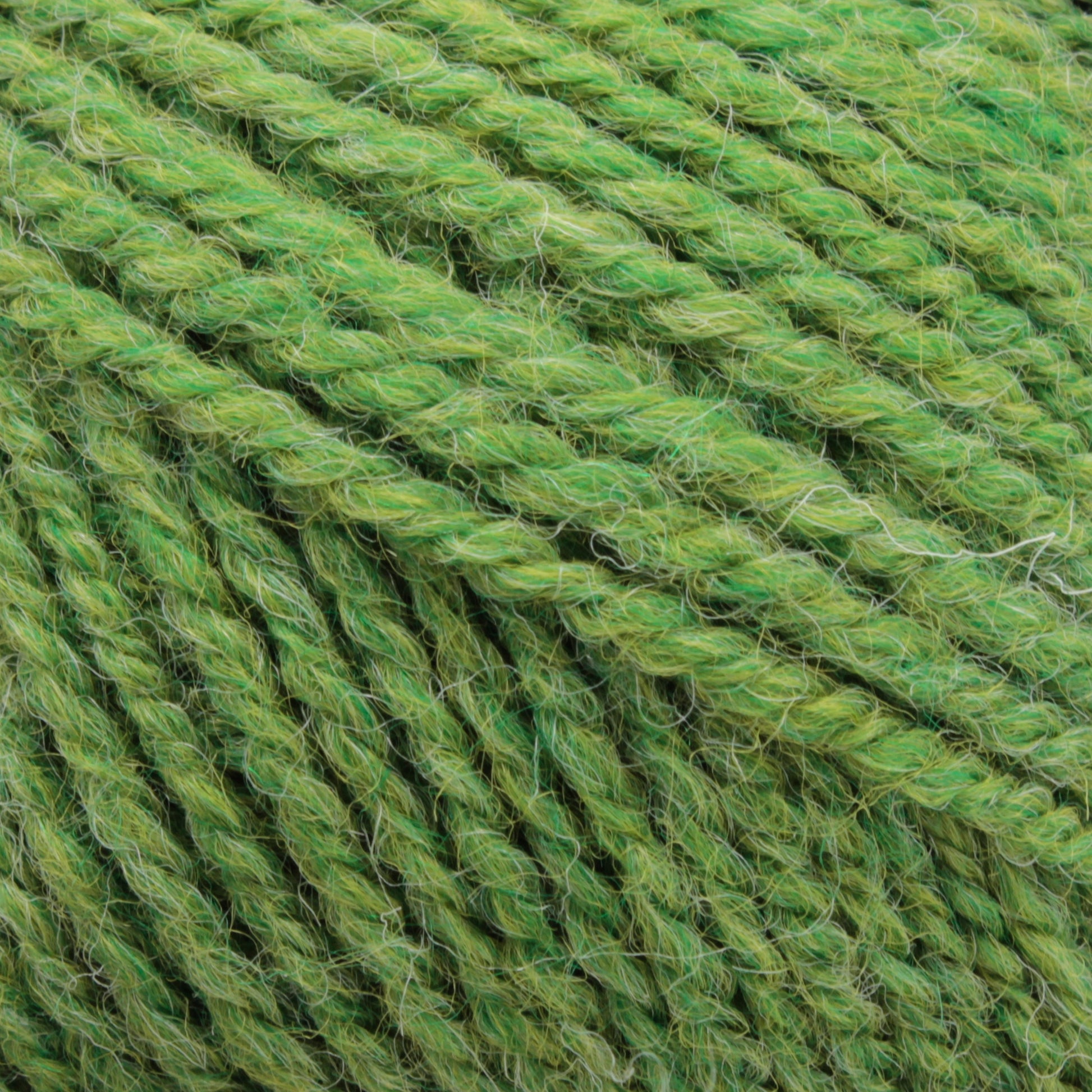 Close-up image of Plymouth Encore Worsted Yarn by Plymouth Yarn Co., showcasing the intricate fibers and their detailed texture. The yarn features beautiful variegated shades of light and dark green, adding depth to your projects. This machine washable yarn is a budget-friendly choice for many crafting endeavors.