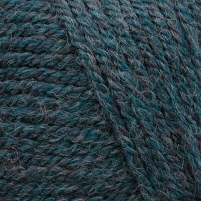 Close-up image of dark green and black Plymouth Encore Worsted Yarn by Plymouth Yarn Co., showing its thick, tightly woven fibers and slightly fuzzy texture. The strands have a natural twist, highlighting the mix of colors and the intricate details of this economical yarn option.