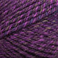 Close-up of Plymouth Encore Worsted Yarn by Plymouth Yarn Co., featuring vivid purple variegated strands intertwined with subtle hints of green and blue hues, showcasing the texture and color variations suitable for knitting or crocheting projects. This economical option is also machine washable for added convenience.