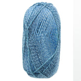 A skein of Plymouth Encore Worsted Yarn by Plymouth Yarn Co. in varying shades of blue with a subtle texture is shown. The yarn is wound into an oblong shape typical for skeins, with fibers tightly packed and slightly intertwined. The background is plain white, emphasizing the yarn's color and texture.