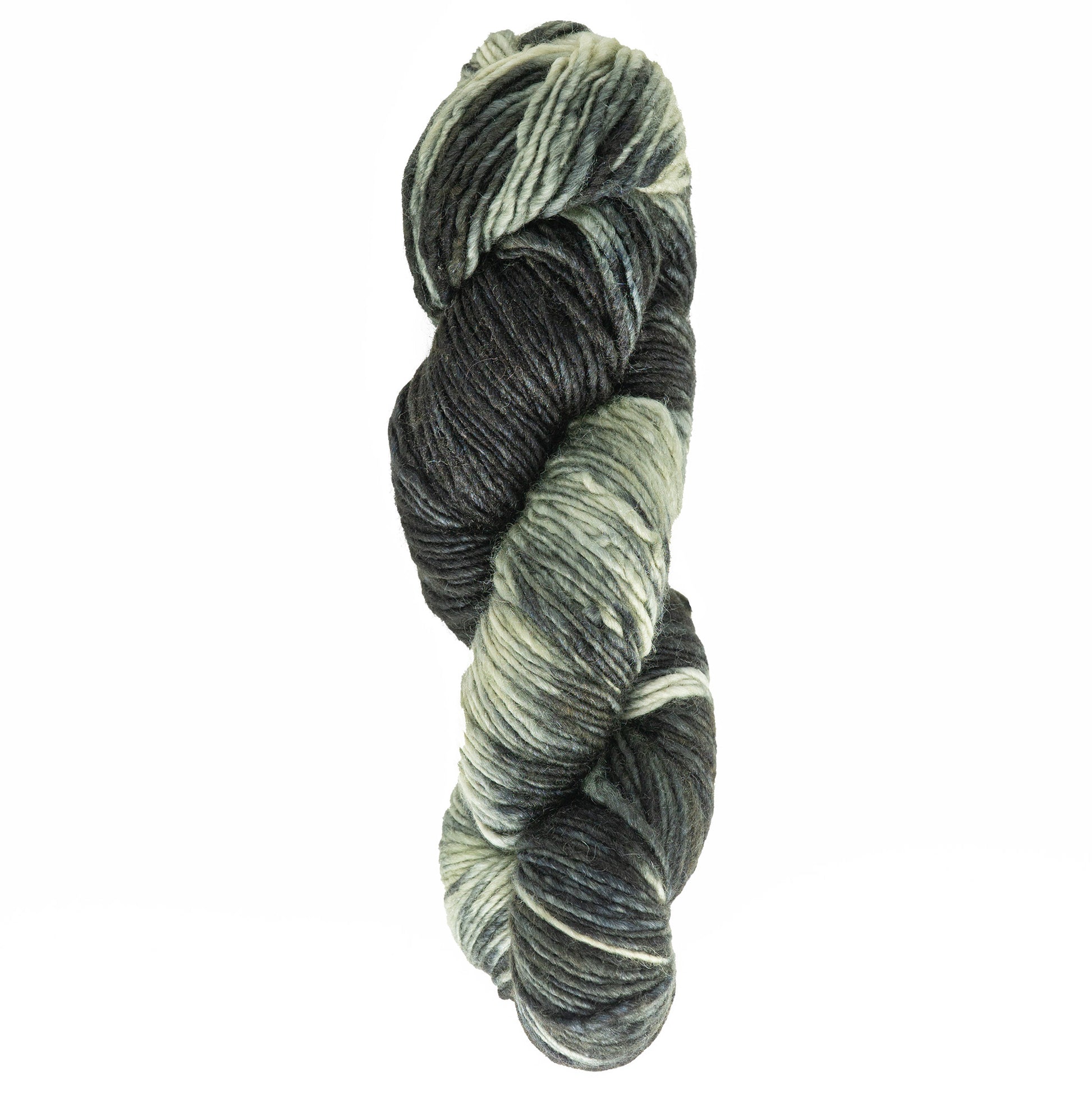 A twisted skein of Malabrigo Silky Merino by Malabrigo Yarn in varying shades of gray and black showcases a marbled texture. The yarn appears soft and thick, making it ideal for knitting or crocheting projects, providing the sumptuous feel often associated with merino yarn.