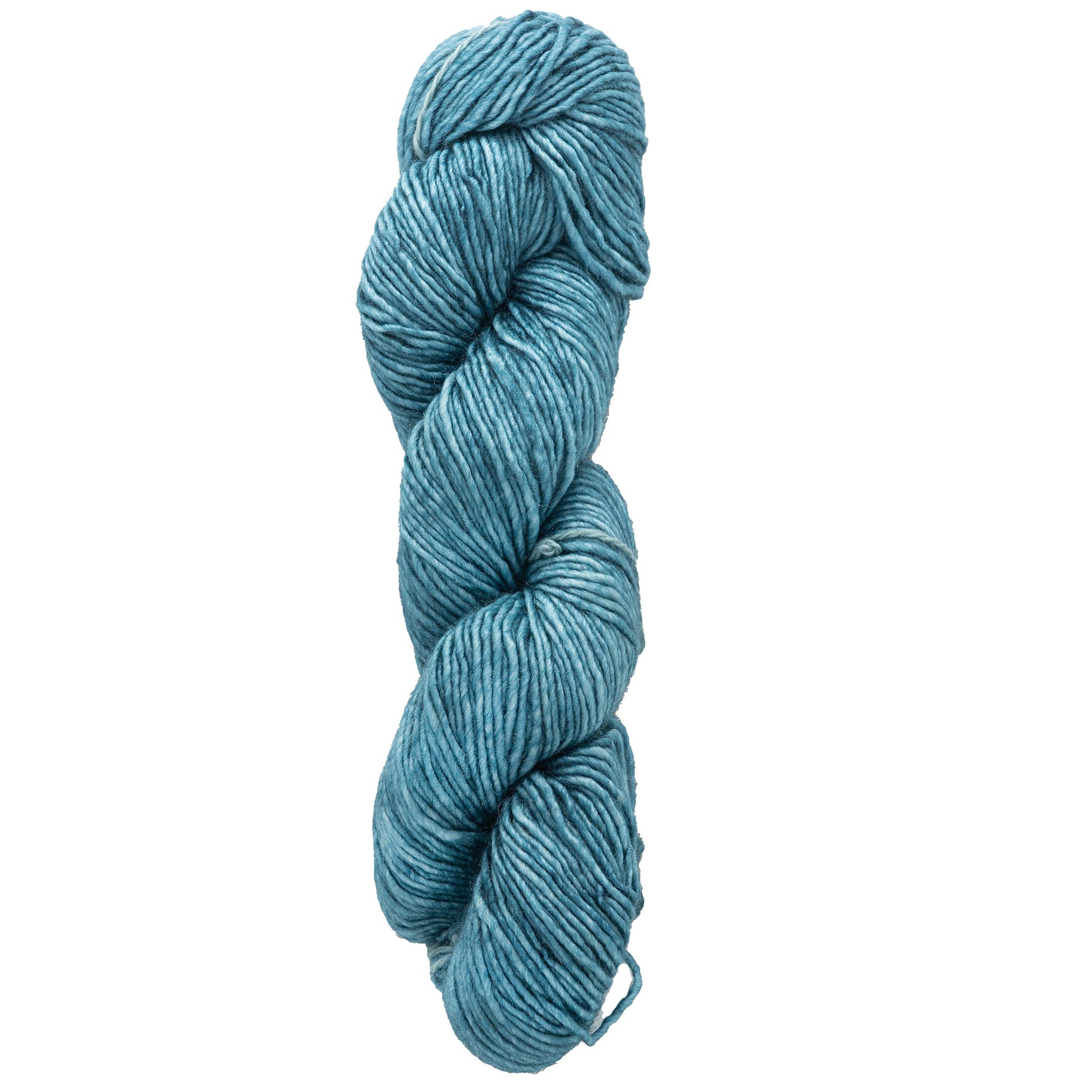 A skein of Malabrigo Silky Merino yarn from Malabrigo Yarn in a luxurious teal hue, carefully twisted to display its soft and textured appearance, set against a white background.