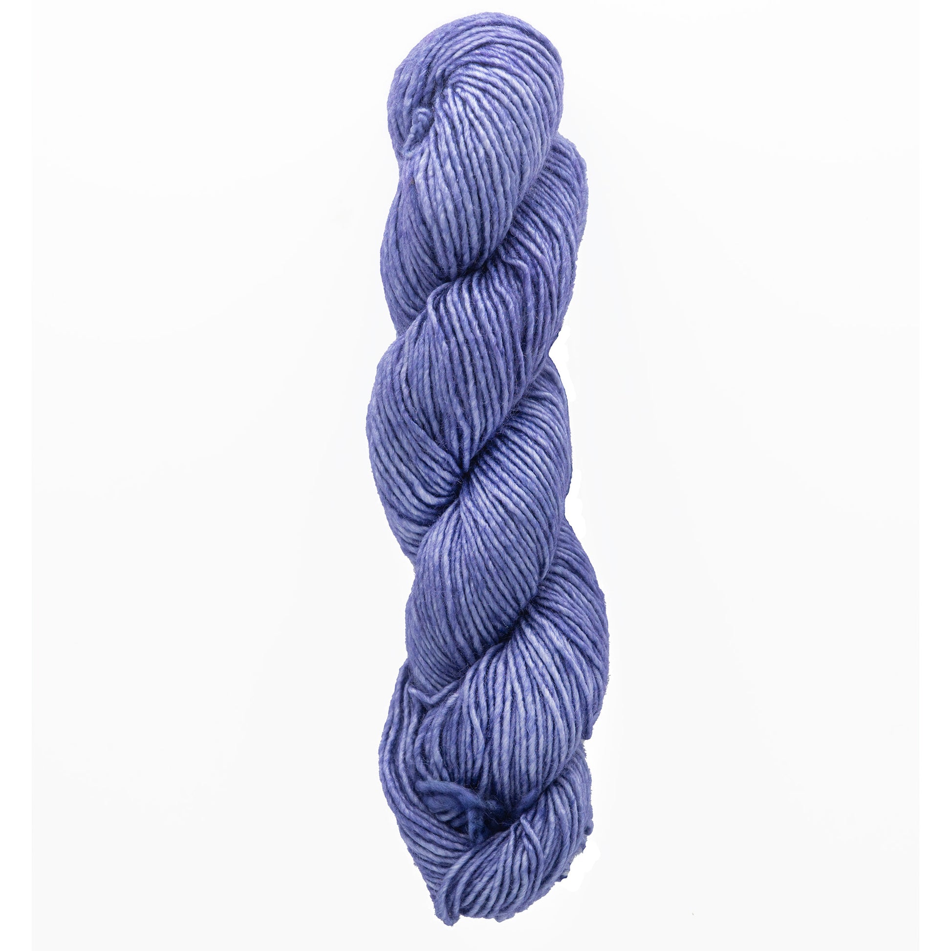 A skein of Malabrigo Silky Merino yarn in a rich purple hue is elegantly coiled against a plain white background, showcasing its luxurious quality from Malabrigo Yarn.