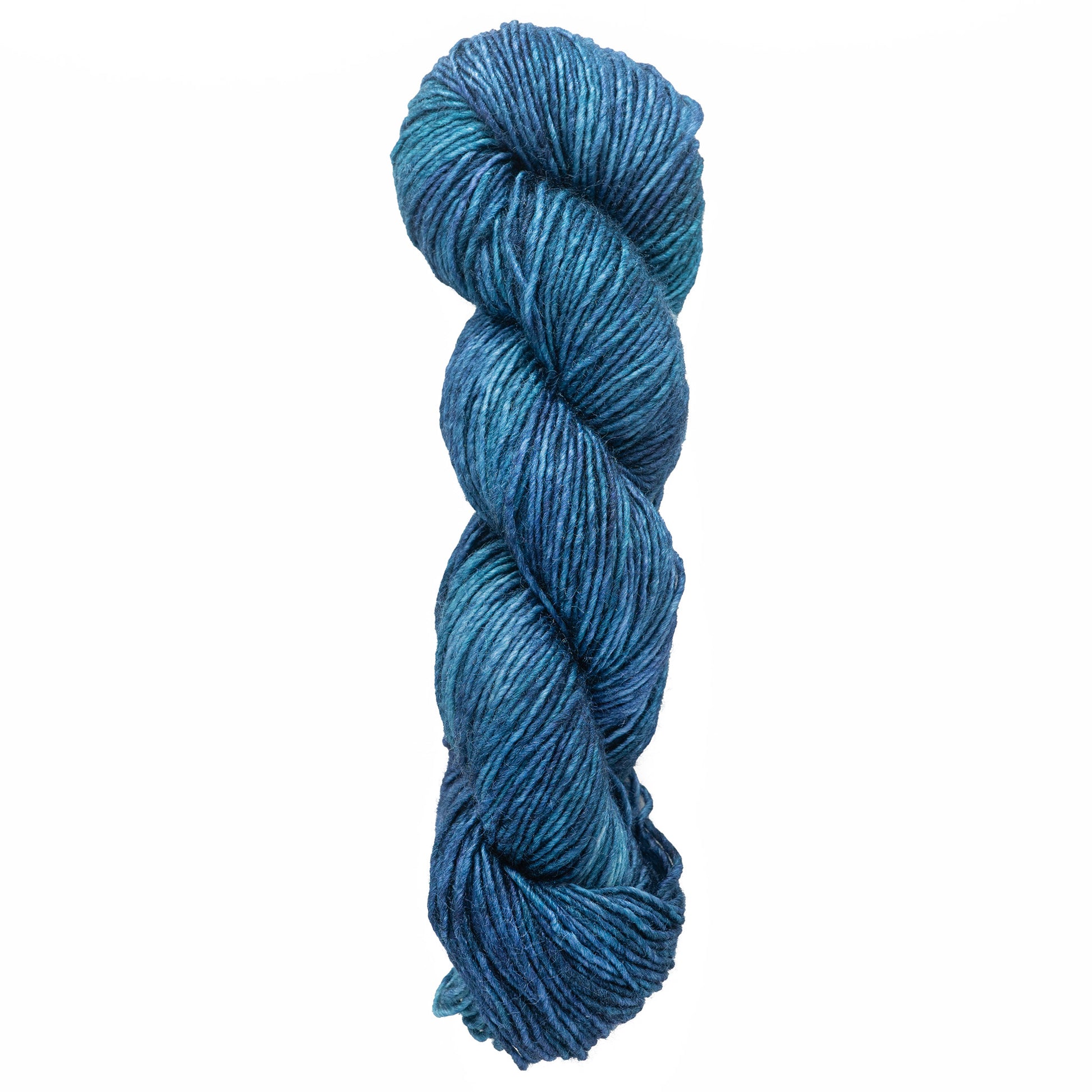 A twisted skein of Malabrigo Silky Merino by Malabrigo Yarn features varying shades of blue, from light to dark, creating a textured appearance.