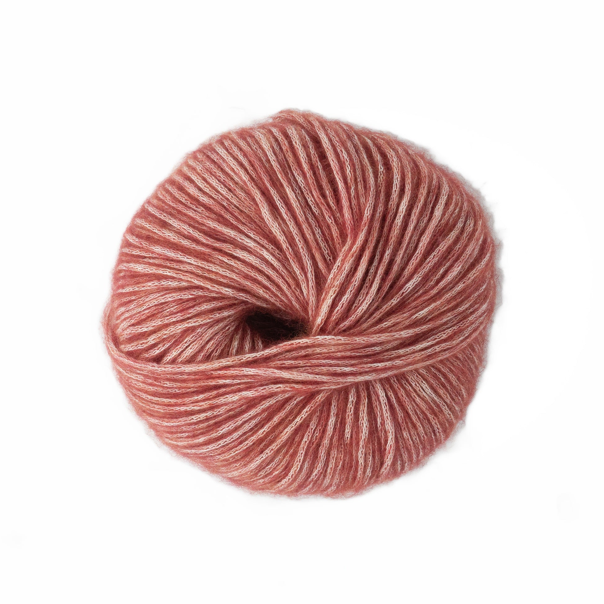 A ball of Knitting Fever / Euro Yarns' Katia Cotton-Merino yarn in a coral and white variegated texture, neatly wound into a round shape. The fibers appear soft and thick, ideal for knitting or crocheting projects. The background is white, making the color and luxurious texture of this aran weight yarn stand out.