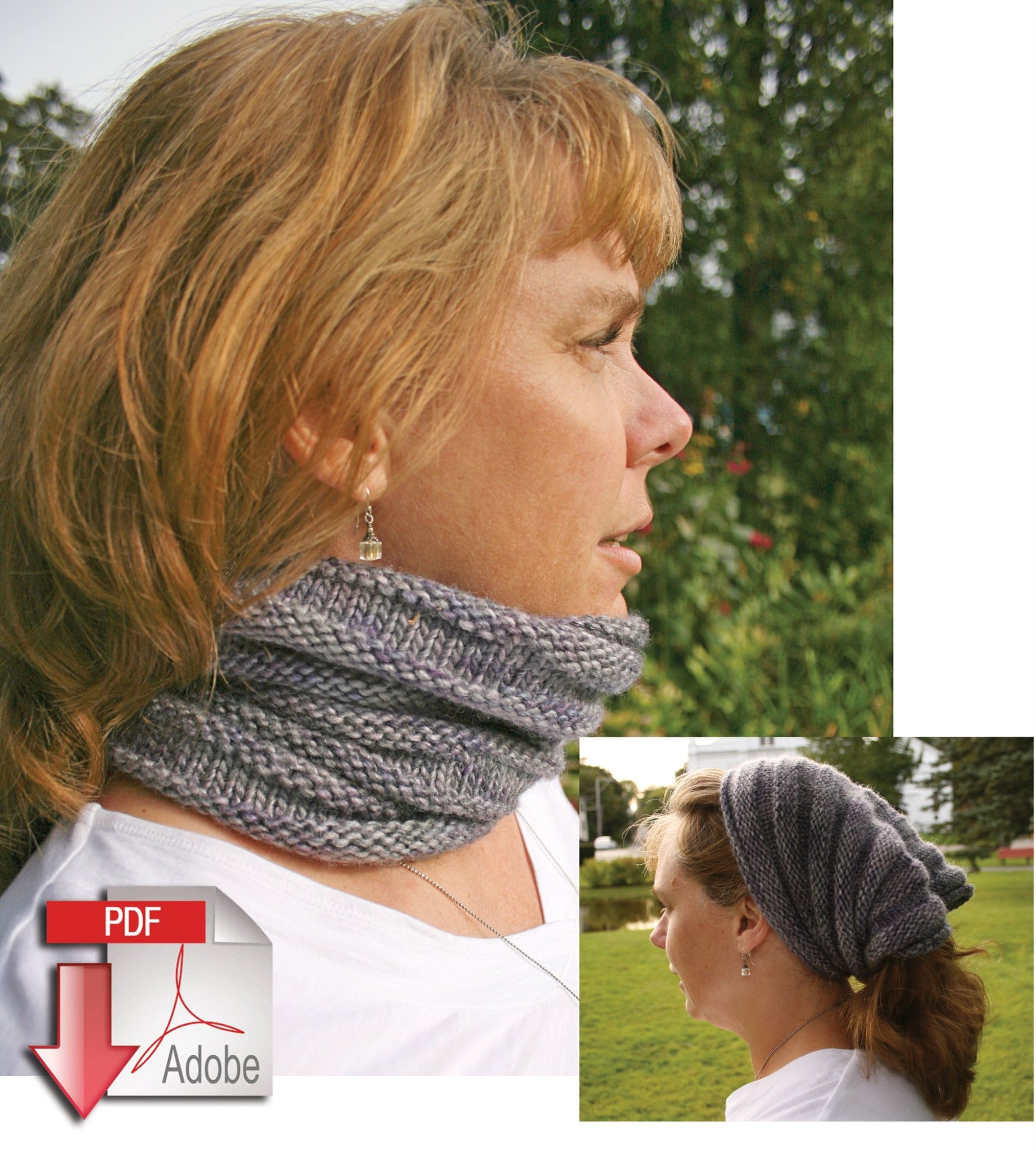 Profile view of a person with shoulder-length hair wearing a Halcyon Yarn Reversible Cowl. In the inset, the same person uses the knitted item as a headband, showcasing its versatility for cold weather. An Adobe PDF icon is also present in the lower-left corner of the image, indicating that it can be downloaded.
