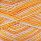 A close-up view showcases the breathable, multicolored strands of Regia Cotton Tutti Frutti Color yarn by Sirdar - Regia, Schachenmayr & Rowan. This self-striping yarn features vibrant shades of yellow, orange, and white, blending into a lively mix of warm colors with a detailed texture.