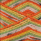 Close-up image of Regia Cotton Tutti Frutti Color yarn from Sirdar - Regia, Schachenmayr & Rowan, showcasing its multi-colored diagonal stripes. The yarn features vibrant shades of orange, yellow, green, white, and gray. The breathable strands are woven together to create a textured and visually appealing pattern.