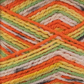 Close-up image of Regia Cotton Tutti Frutti Color yarn from Sirdar - Regia, Schachenmayr & Rowan, showcasing its multi-colored diagonal stripes. The yarn features vibrant shades of orange, yellow, green, white, and gray. The breathable strands are woven together to create a textured and visually appealing pattern.