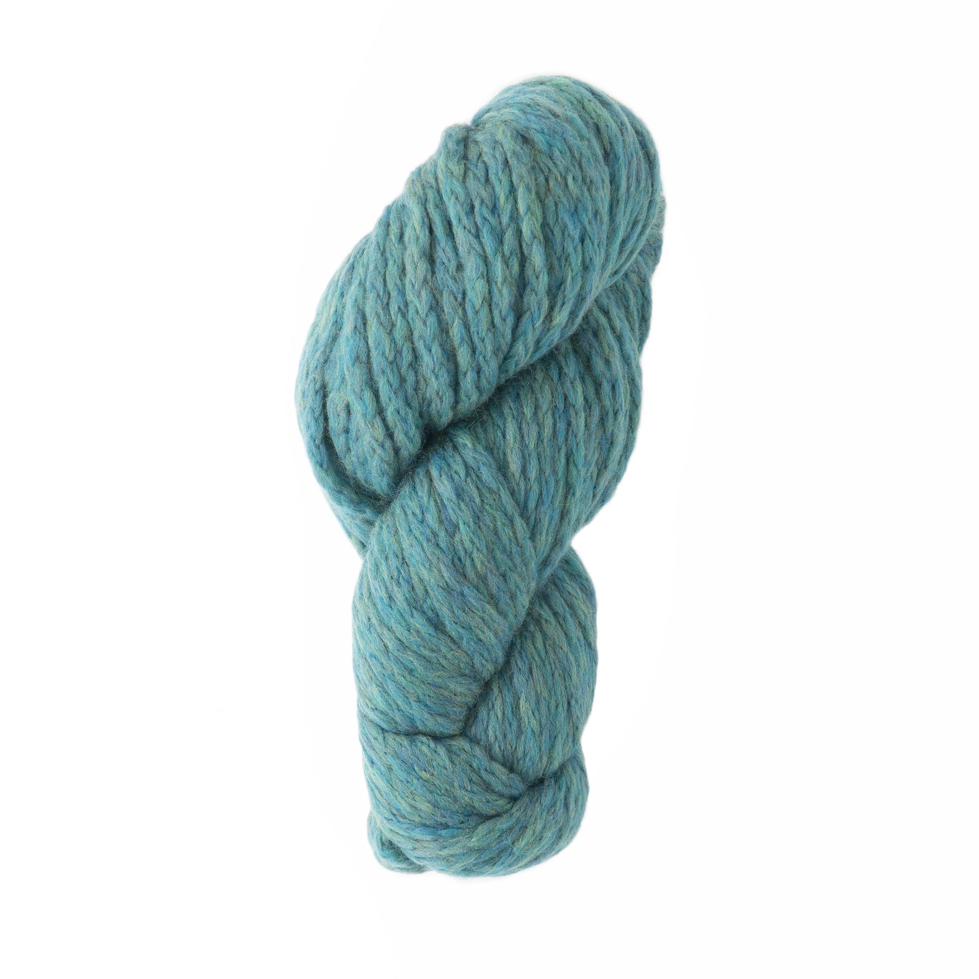 A neatly twisted skein of thick, blue and green heathered bulky merino wool with a soft texture is bundled in an elongated shape against a white background, showcasing the luxurious Ushya Yarn by Mirasol from Knitting Fever / Euro Yarns.