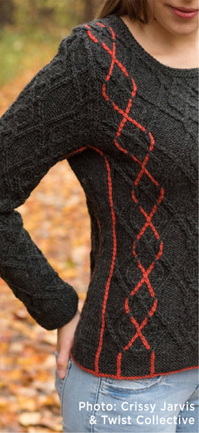 A person wearing a dark gray Halcyon Yarn Hearthstone Cabled Pullover with orange crisscross patterns along the sleeves and side, showcasing intricate cable patterns. The background is out of focus, featuring fallen autumn leaves. Photo credit: Crissy Jarvis & Twist Collective.