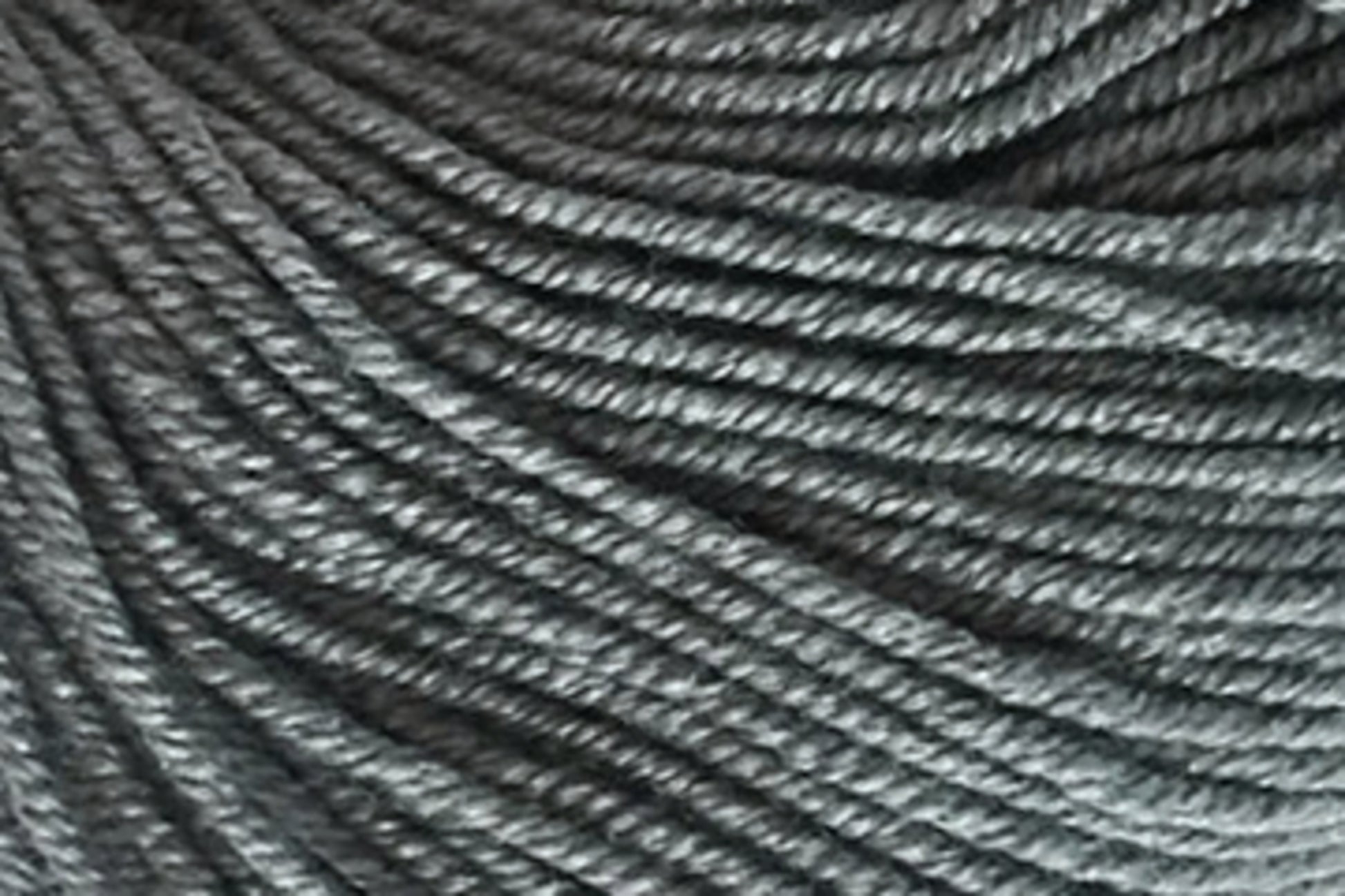 Close-up view of dark gray yarn, showing the texture and twisted strands. The yarn, made from Jo Sharp Mulberry Silk Georgette Yarn by Kingfisher Yarn & Fibre, appears in a dense pattern with even, tight coils, highlighting the fibrous material.