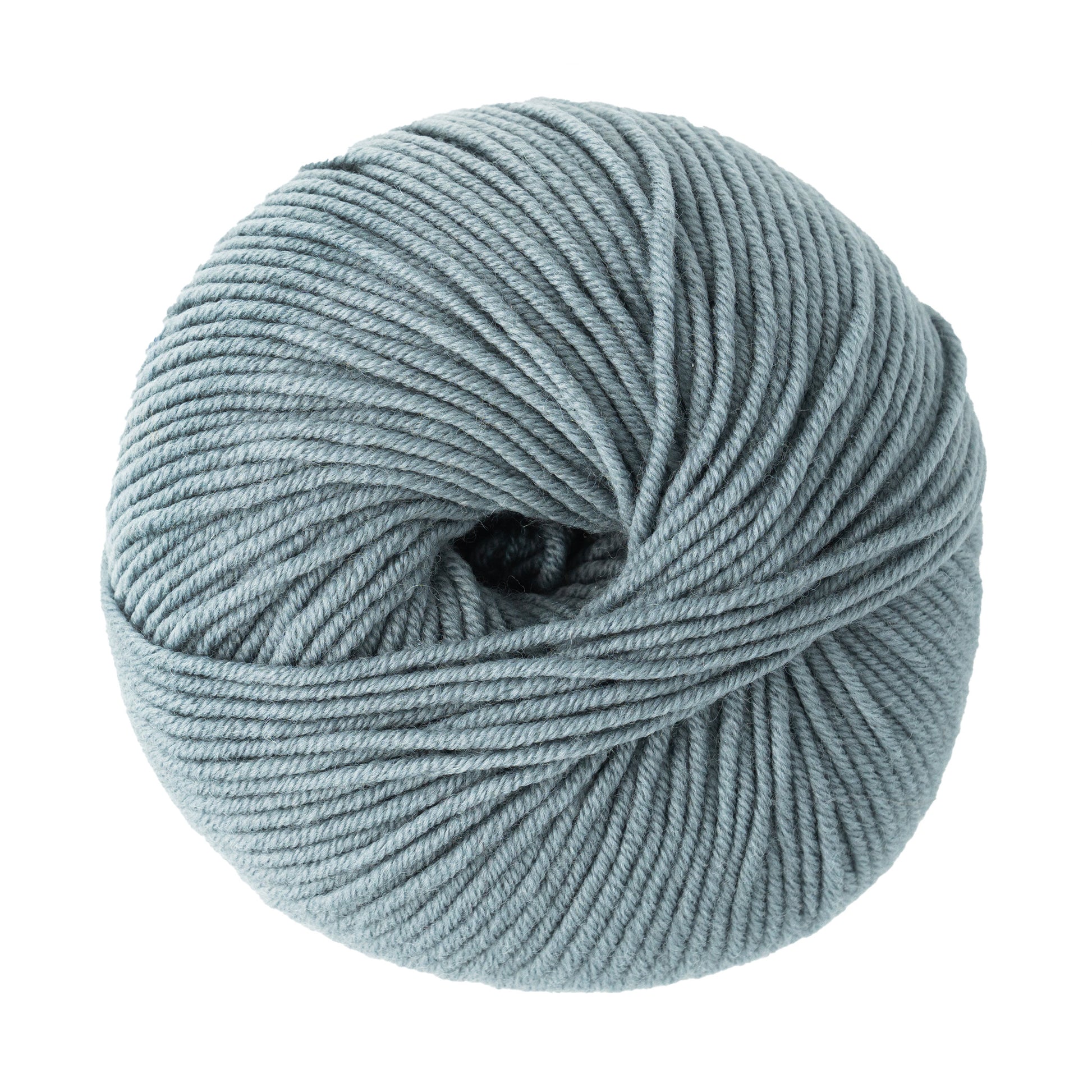 A ball of light gray yarn from Kingfisher Yarn & Fibre, ideal for DK weight projects, expertly wound in a circular shape. The Jo Sharp New Era Merino DK Superwash is machine washable, providing both convenience and quality.