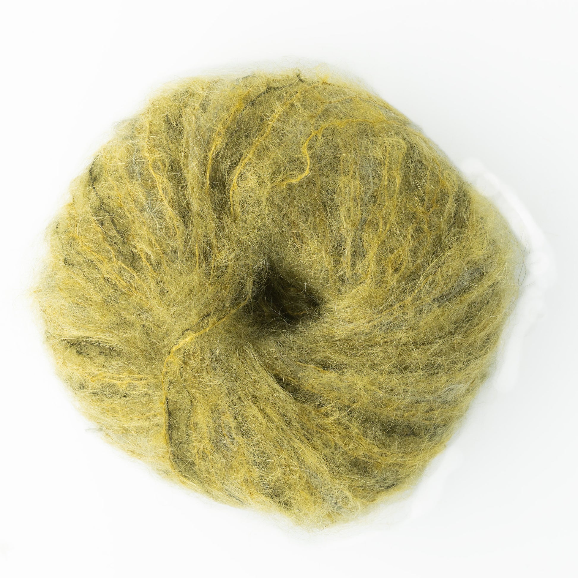 A tightly coiled bundle of Kingfisher Yarn & Fibre's Jo Sharp Rare Comfort Kid Mohair in a yellow-green hue, viewed from above. The soft, fuzzy wool roving features loose and textured fibers, perfect for felting or spinning into luxurious mohair yarn.