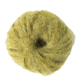 A ball of soft, olive-green Jo Sharp Rare Comfort Kid Mohair by Kingfisher Yarn & Fibre is neatly arranged in a circular shape against a plain white background. With the same fluffy texture and light color variations that resemble genuine mohair, it is perfect for crafting airy sweaters that exude warmth and comfort.