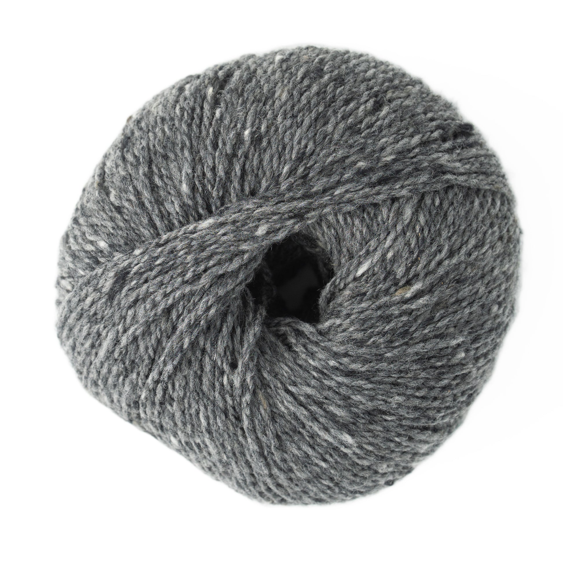 A close-up image of a ball of Jo Sharp Silkroad DK Tweed yarn from Kingfisher Yarn & Fibre. The yarn is tightly wound, creating a neat and circular shape, and appears to have a soft and slightly textured surface. The gray color is consistent with flecks of lighter and darker tones throughout.