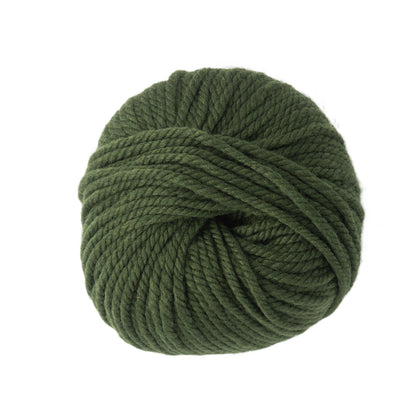 A large, round ball of Jo Sharp Silkroad Ultra yarn in dark green. The chunky, cuddly yarn from Kingfisher Yarn & Fibre is thick, tightly wound, and has a soft, slightly fuzzy texture. The image is shot from above, showing the entire ball against a white background. This yarn is perfect for cozy winter accessories.