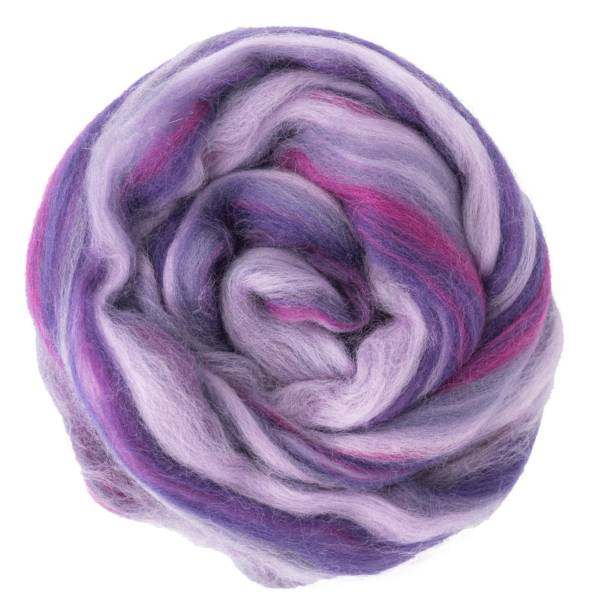 A close-up view shows the *Multi-Colored Merino Wool Top* from **Europa Wools Ltd**, highlighting its soft and rounded fibers in a captivating swirl. The blend of purple, lavender, and pink hues creates a heathered look that is visually appealing and rich in texture.