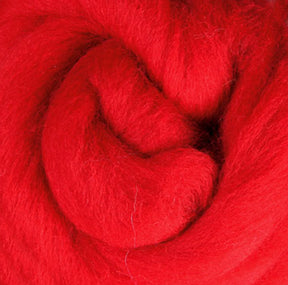 Close-up of the vibrant red Corriedale New Zealand wool fibers from Ashford Handicrafts Limited, intricately wound in a circular pattern to display their texture and softness. This exquisite presentation highlights the luxurious quality of this wool, making it an ideal choice for spinning fiber enthusiasts.